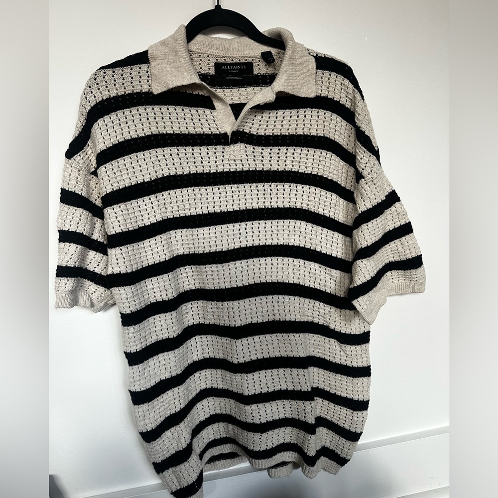 All Saints Black and Cream Striped Polo Shirt